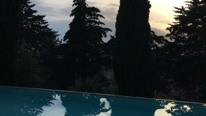 A swimming pool with reflections of trees and a cloudy sky.