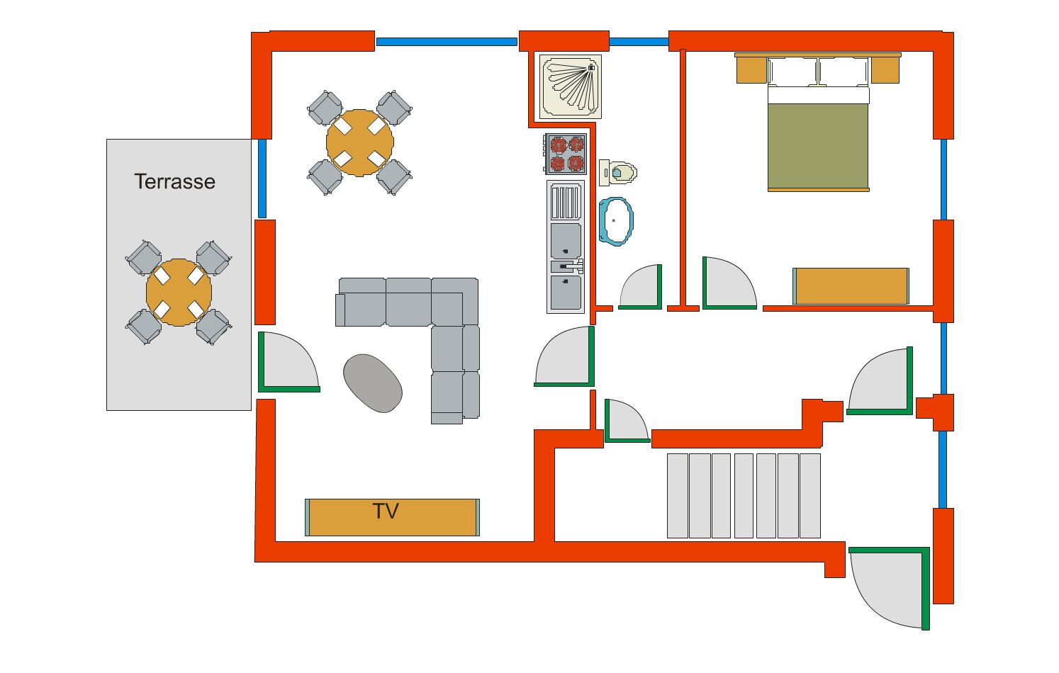A floor plan with a terrace, TV, kitchen, and seating areas.