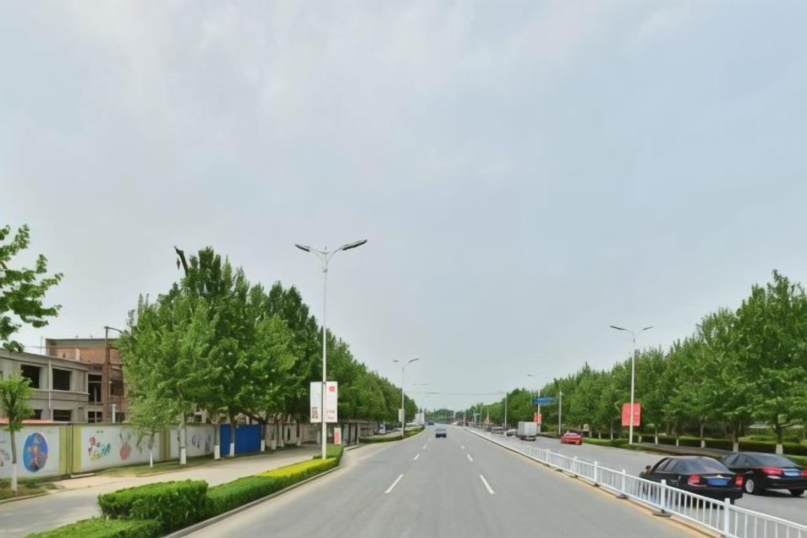 Une large route à plusieurs voies, bordée d’arbres et d’éclairages publics.
