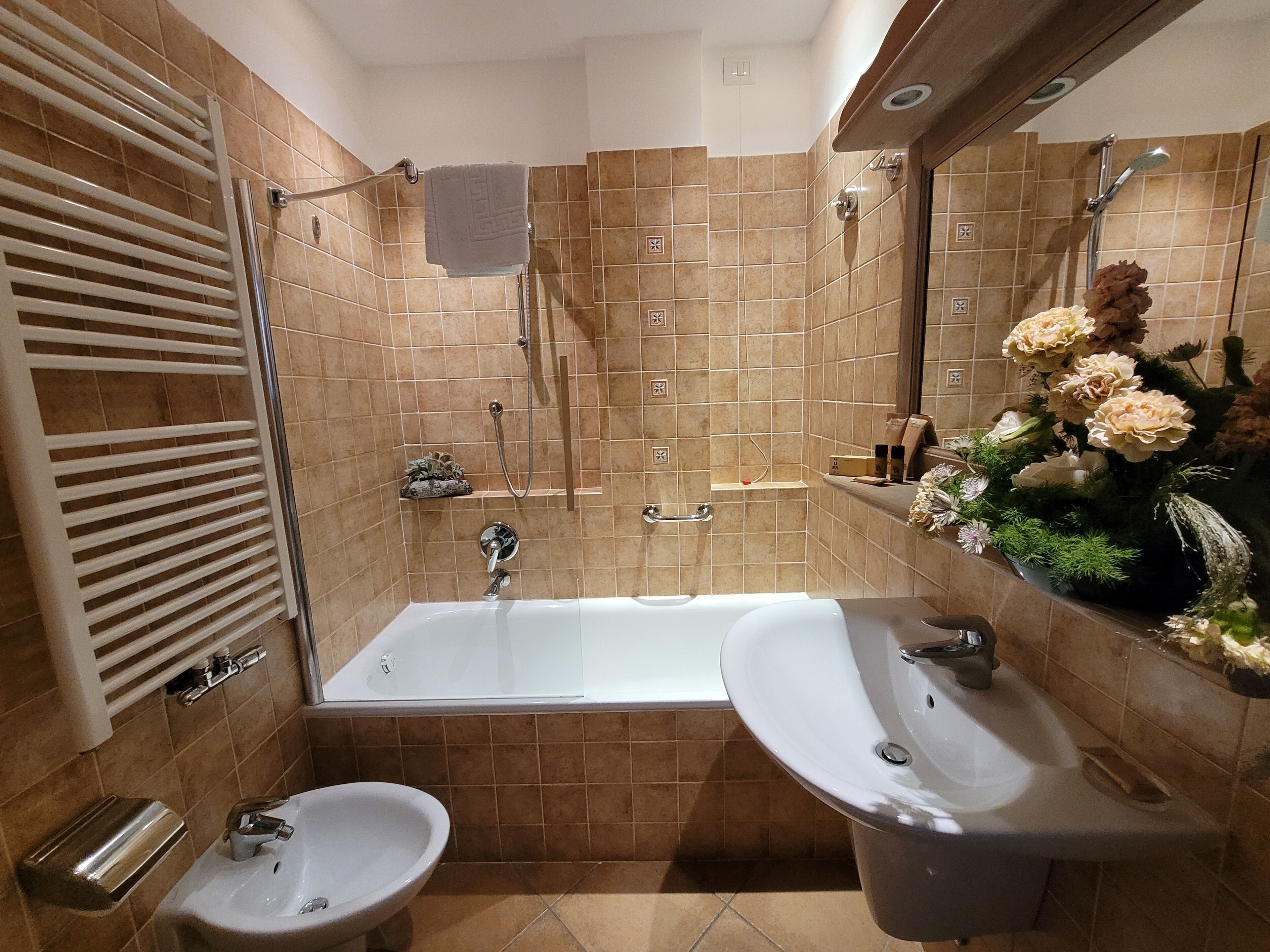 free toiletries, hair dryer, slippers, bidet