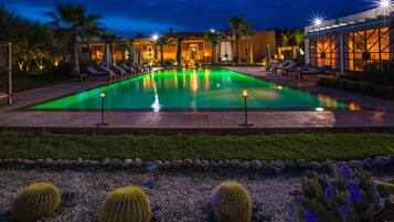 Outdoor pool, pool umbrellas, pool loungers