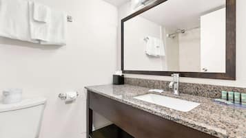 A bathroom with a white toilet, a sink with a dark countertop, and a mirror above the sink.