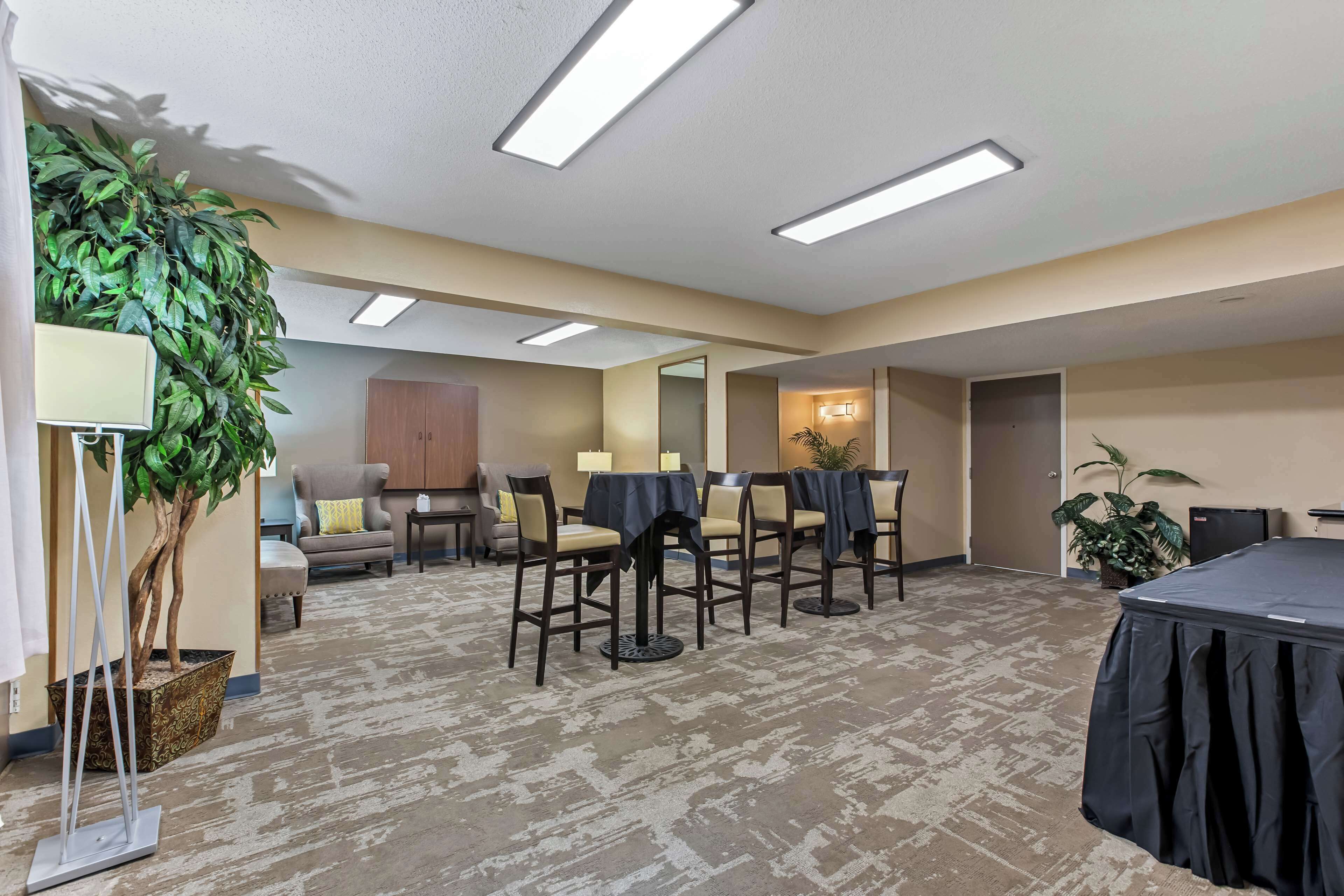 A conference room with a long table, several chairs, a potted plant, and a sofa.