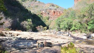 A natural landscape with a rocky riverbed and surrounding vegetation.
