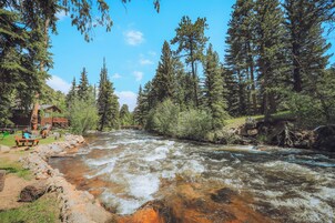 Un fiume che scorre attraverso una foresta, con una baita di legno e un tavolo da picnic sulla sinistra.