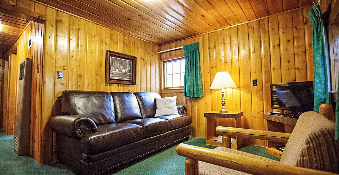 A cozy cabin interior with a leather sofa, a television, and wooden walls.