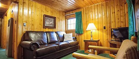 L’intérieur d’un chalet chaleureux, avec un canapé en cuir, un téléviseur et des murs en bois.