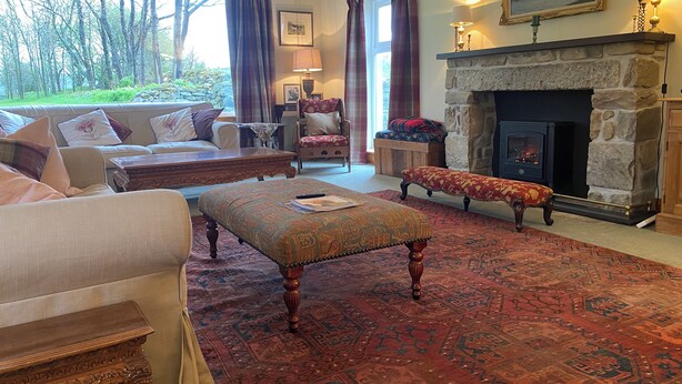 Ein gemütliches Wohnzimmer mit Kamin aus Stein, einer Sofagarnitur, einem gemusterten Teppich und Blick ins Freie.