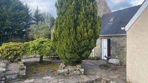 Ein gepflasterter Weg führt zu einem Haus mit Schornstein, umgeben von Grünpflanzen und einer Steinmauer.