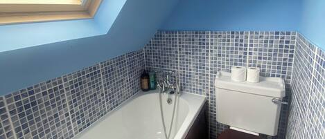 A bathroom with a bathtub, toilet, and skylight.