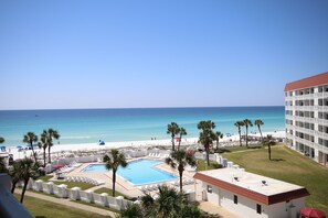 A hotel with a pool, beach view, and palm trees.