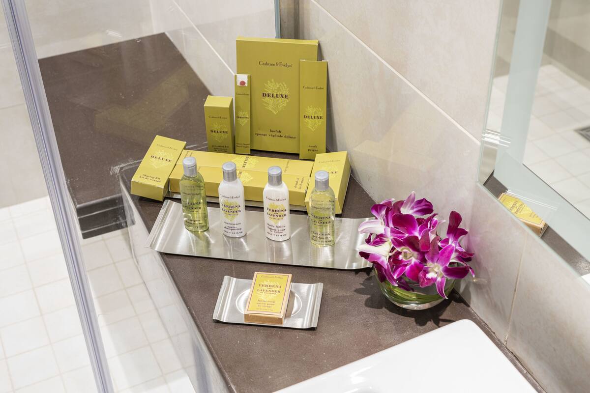 bathtub, free toiletries, hair dryer, bathrobes