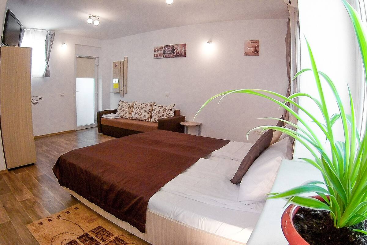Ein Schlafzimmer mit einem Bett, einem kleinen Tisch, einem Stuhl, einem Kleiderschrank und einem Topfpflanze.
