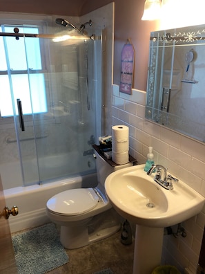 Secador de cabelo, toalhas de banho, sabonete, shampoo