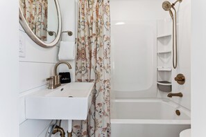 Hair dryer, soap, shampoo, toilet paper