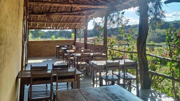 Un pabellón rústico de madera con mesas y sillas, con vistas a un paisaje exuberante.
