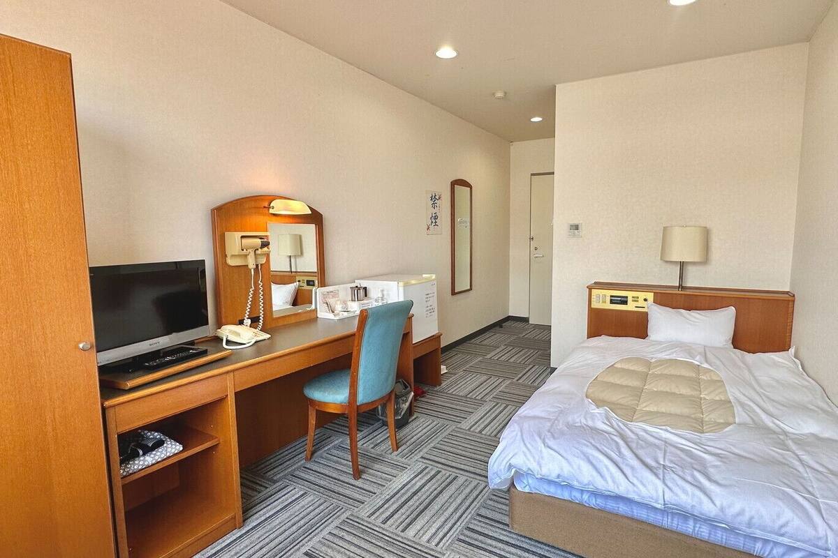 A hotel room with a bed, a desk with a television, a chair, and a bedside table with a lamp.
