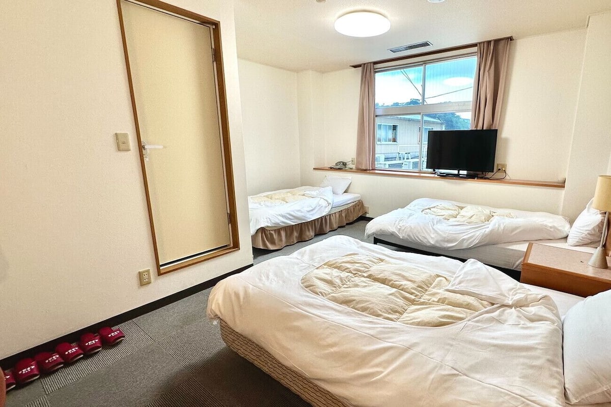 A hotel room with two beds, a television, a window with curtains, and a mirror.
