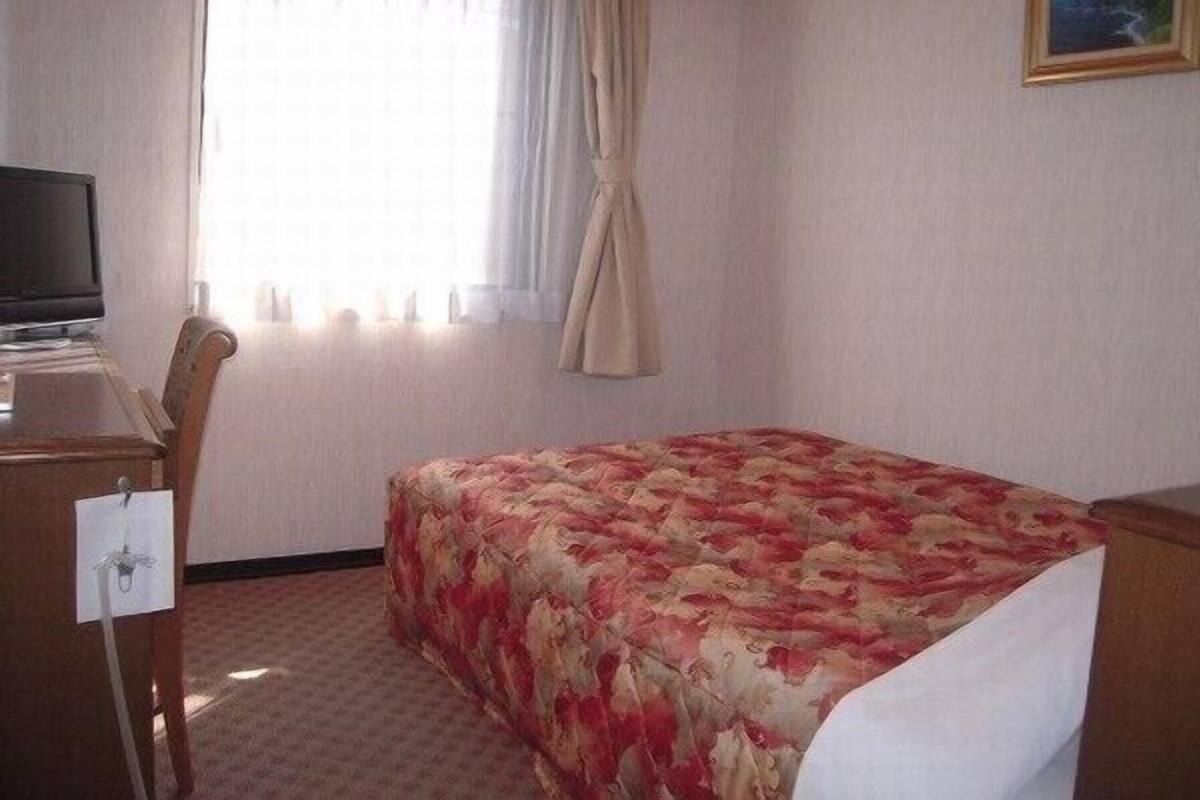 A hotel room with a bed, a desk, a television, and a window with curtains.