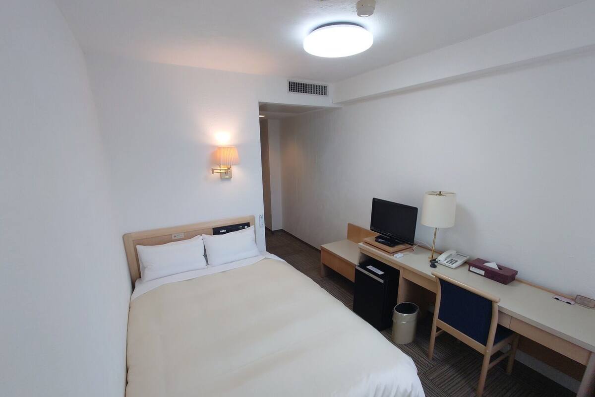 A hotel room with a bed, desk, chair, TV, lamp, and a trash can.