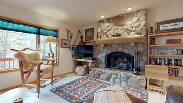 TV, fireplace, DVD player, video library