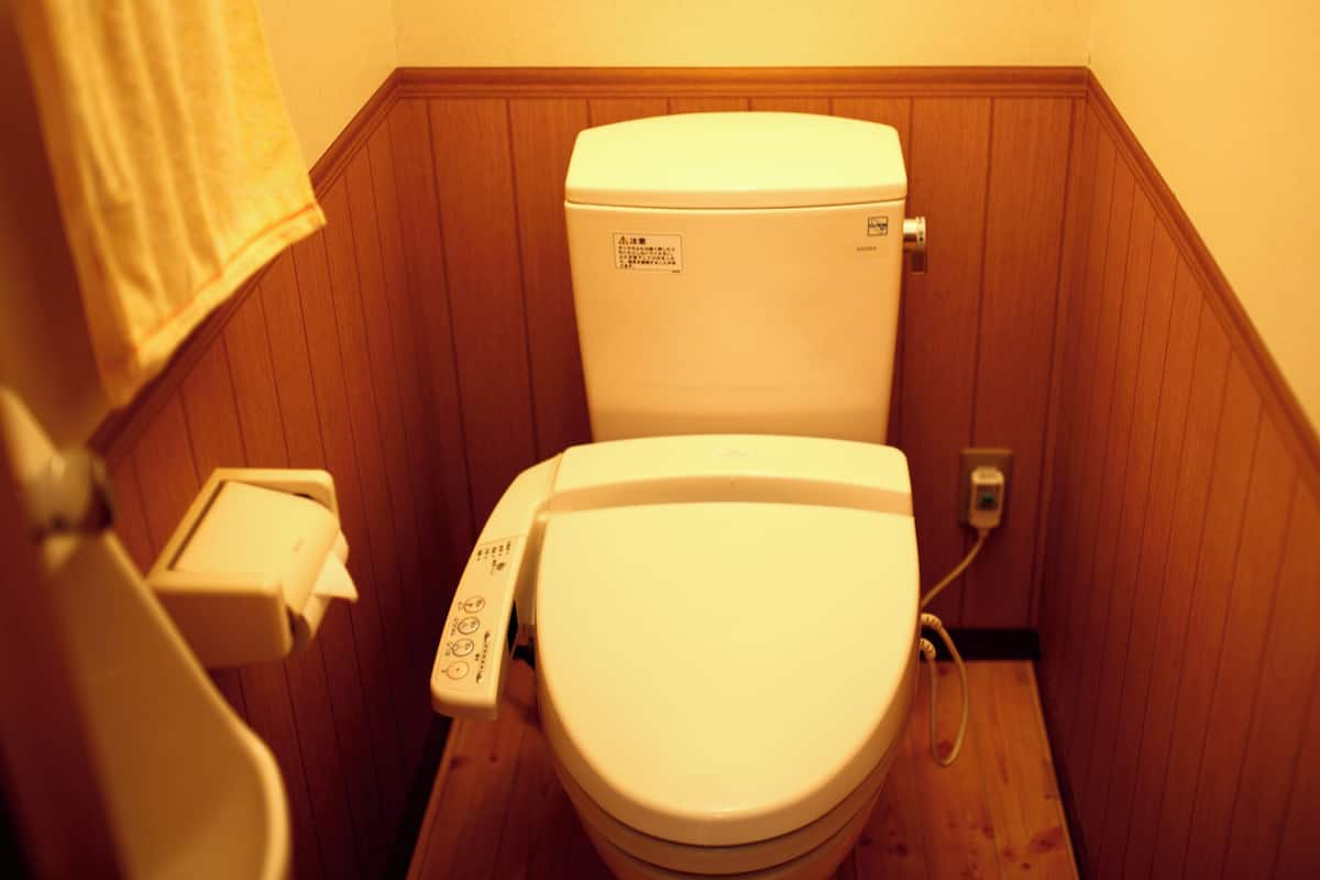 Des toilettes dotées d’un panneau de commande, d’un porte-rouleau de papier toilette et d’un bouton de chasse d’eau.