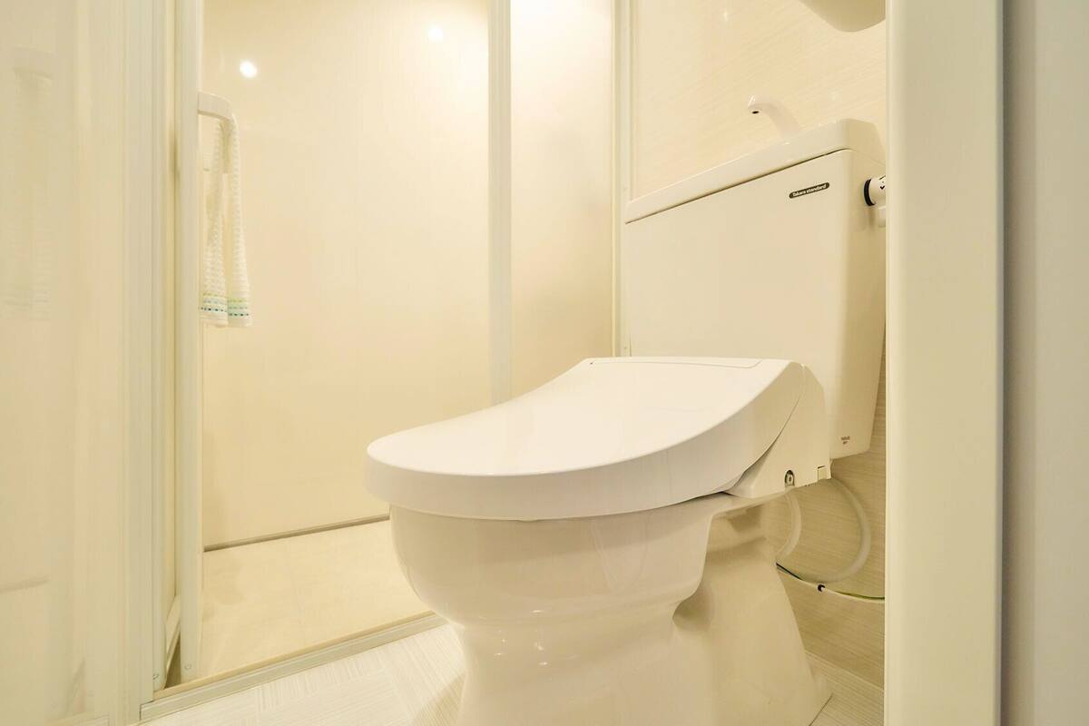 Eine weiße Toilette in einem Badezimmer mit einer Duschkabinentür aus Glas und einem weißen Handtuchhalter.