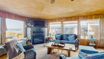 TV, fireplace, DVD player, books