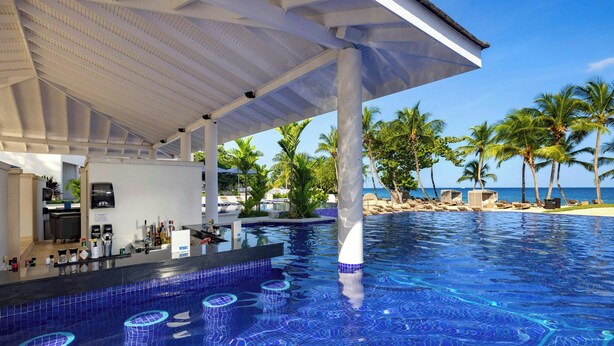 Un espace piscine doté d’un bar, de palmiers et offrant une vue sur l’océan.