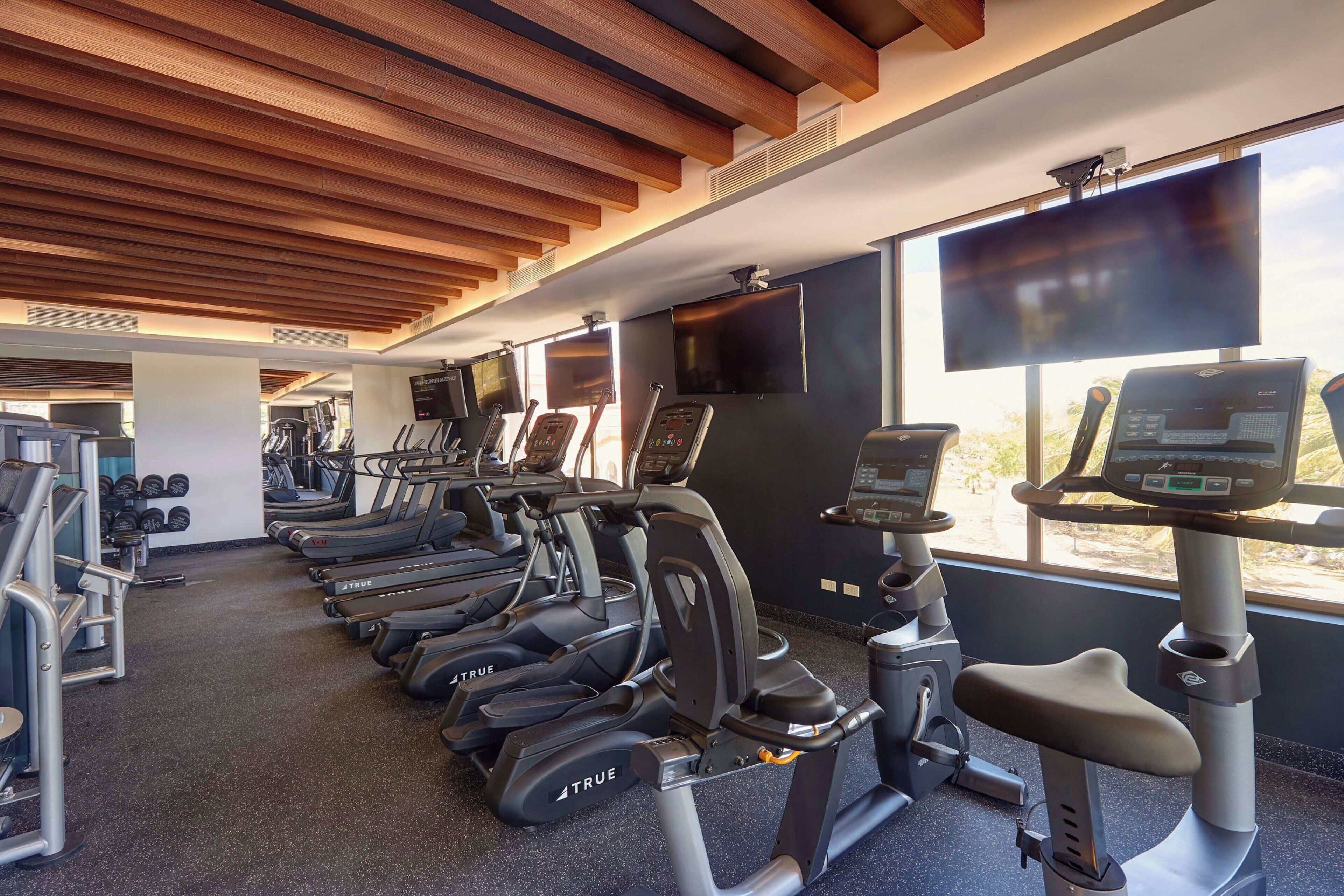 A gym with multiple treadmills, weight machines, and a large window with a view of the outdoors.