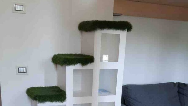 A room with a grey sofa, a white shelving unit with green foliage, and a wooden floor. - Tree House Along Canal Naviglio Grande (Milano)