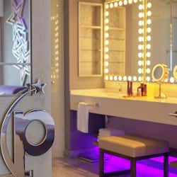 Shower, rainfall showerhead, designer toiletries, hair dryer