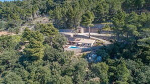 Una villa de piedra con piscina, rodeada de un bosque frondoso.