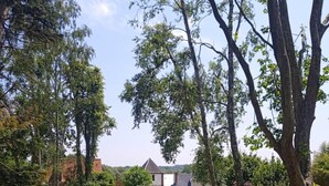 A well-maintained garden with a stone wall, a hammock, and a white chair. - Near Baie de Somme "good authie" (Colline-Beaumont)