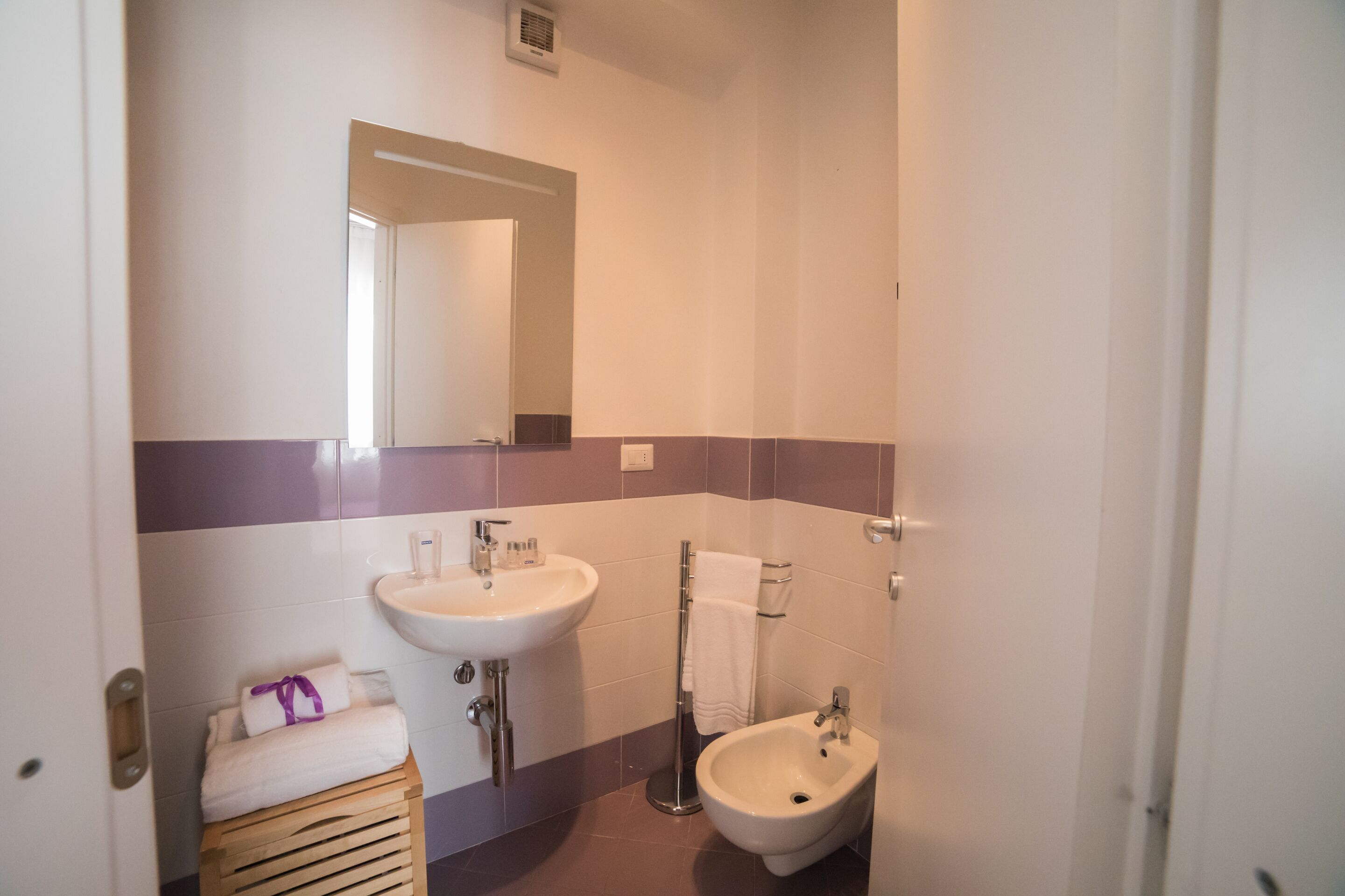 A bathroom with a sink, bidet, and a mirror.