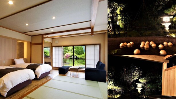 A traditional Japanese-style room with tatami flooring, a low wooden bed, and a view of a garden. - Hotel Hisagoso (Shibata)