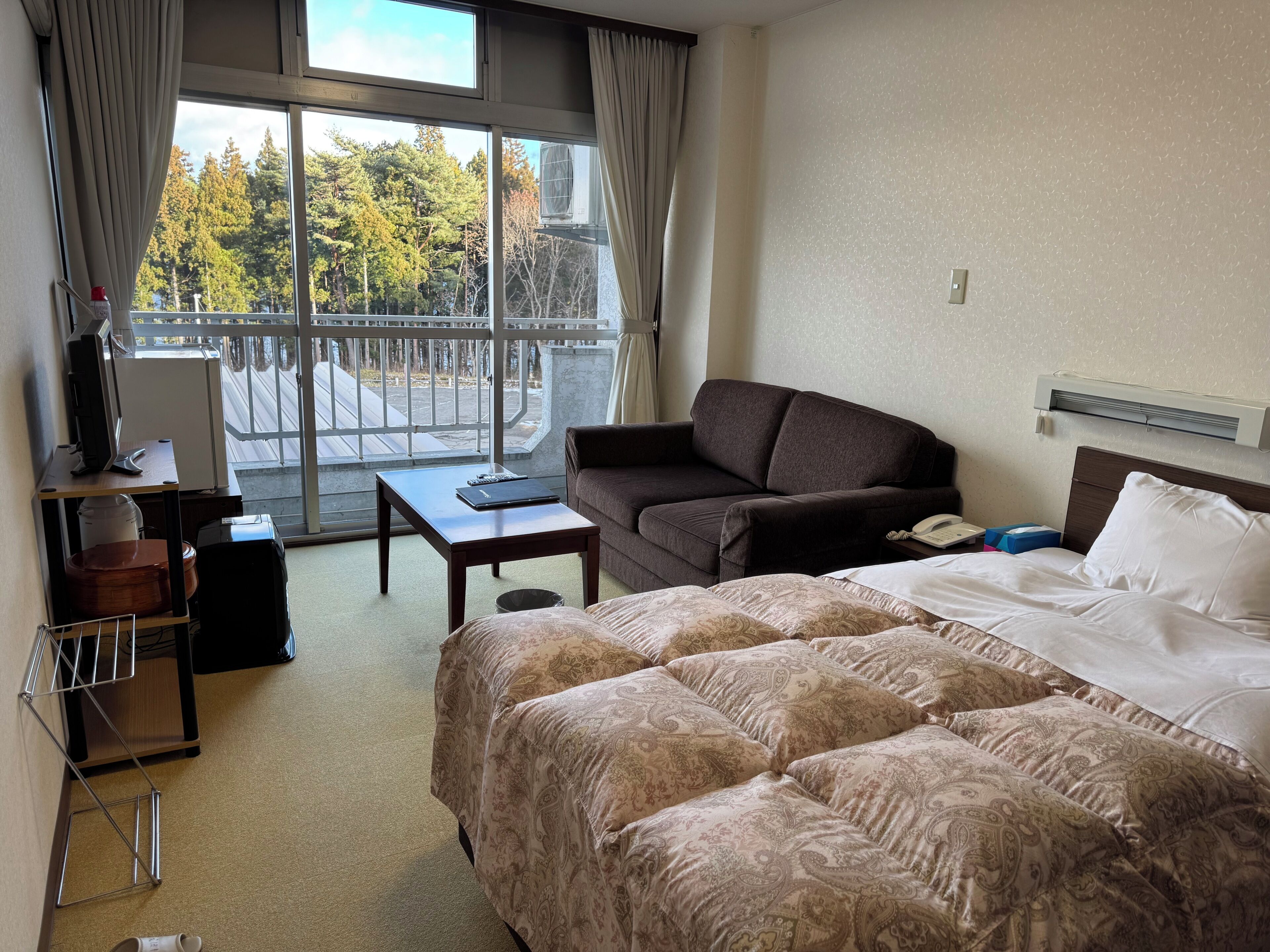 Hotellihuone, jossa on sänky, sohva, tietokoneella varustettu työpöytä, ikkuna, josta on näkymä puita kohti, ja ilmastointilaite.