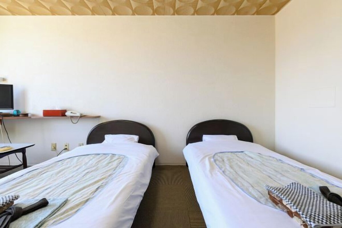 A twin room with two beds, a desk, and a TV.