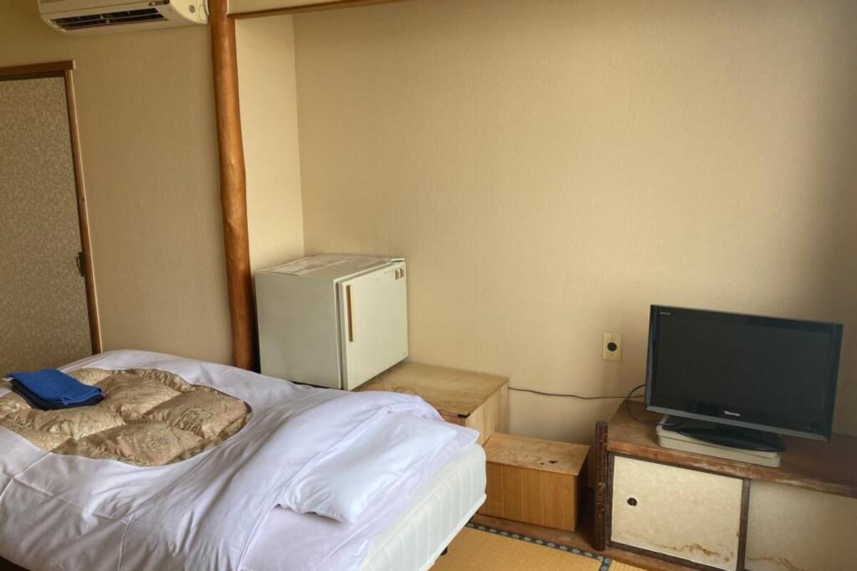 A hotel room with a bed, a television, a small cabinet, and a heater.