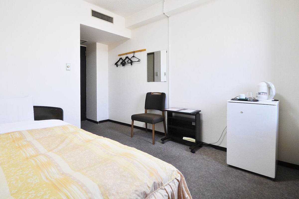 A hotel room with a bed, a desk, a chair, a wardrobe, and a mirror.
