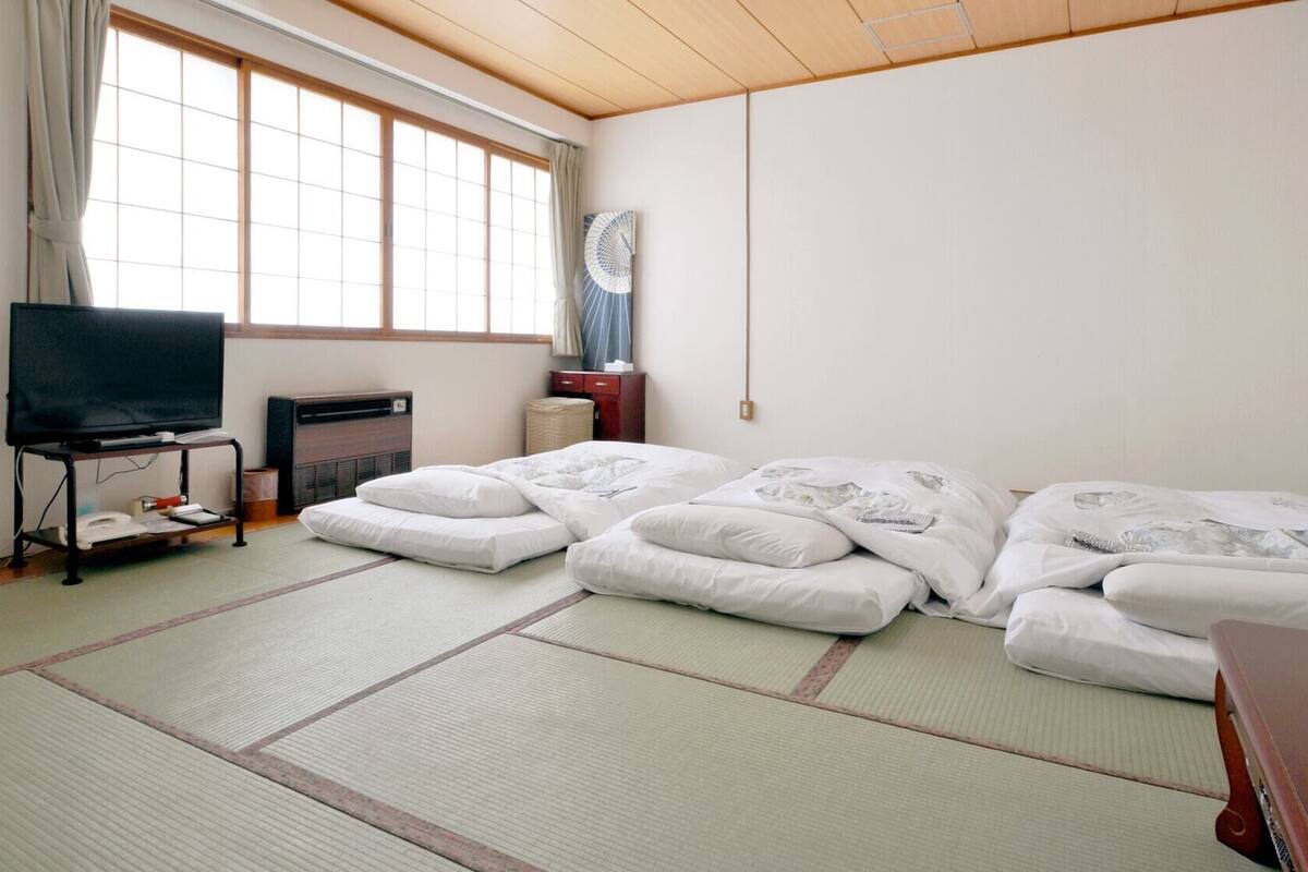 A room with tatami mats, a television, a heater, and a futon bed.