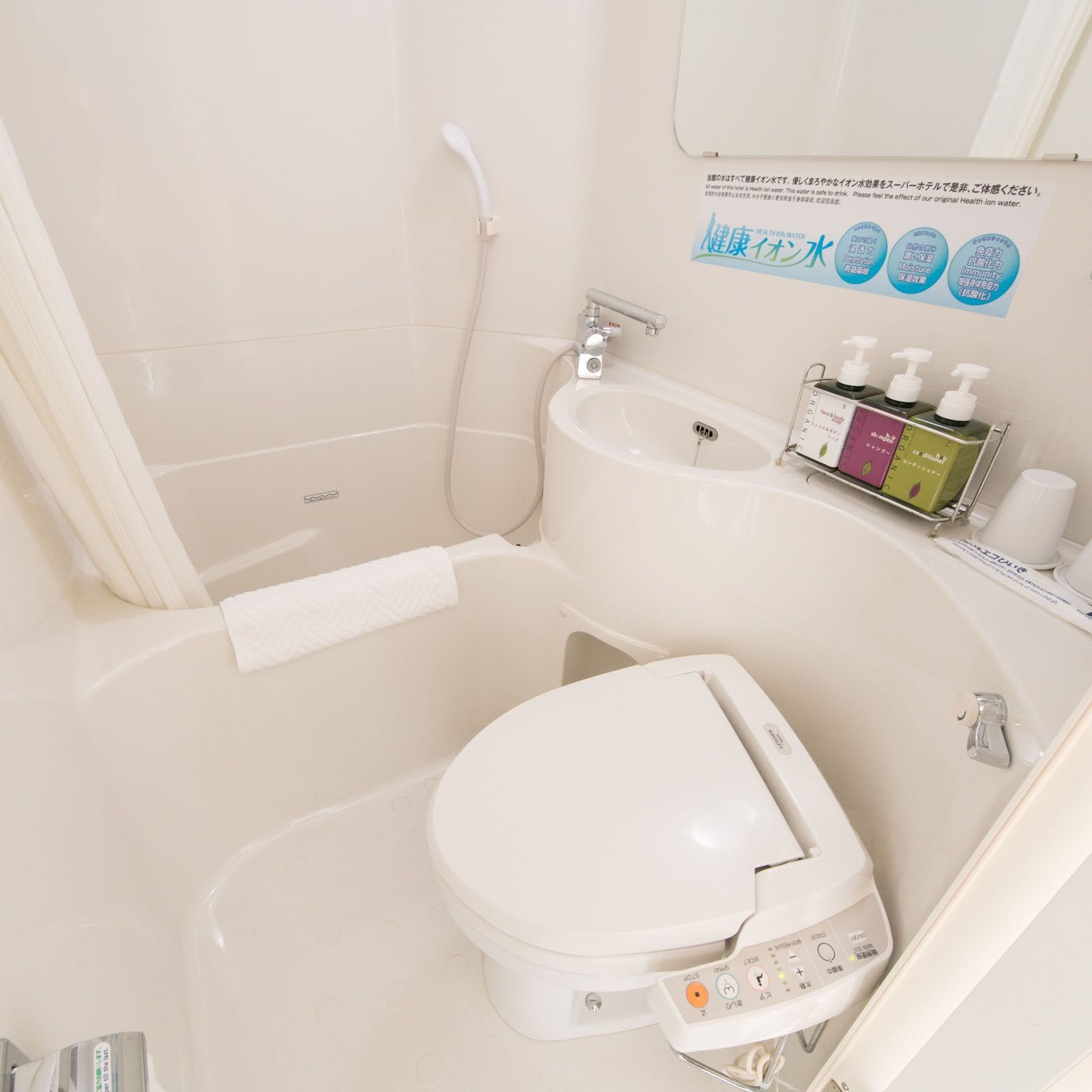 combined shower/bathtub, free toiletries, hair dryer, slippers