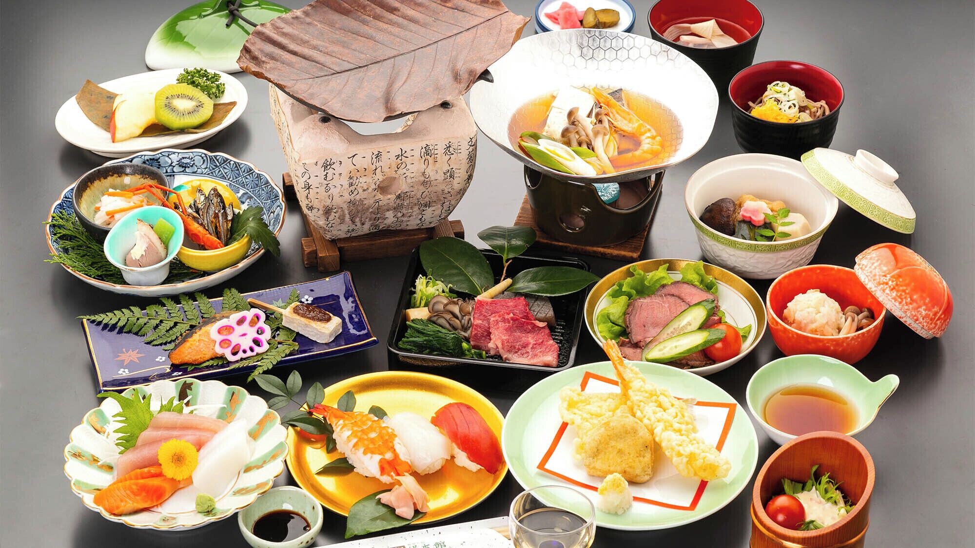 Variedad de platos japoneses dispuestos sobre una mesa, incluyendo sushi, sashimi y otras comidas tradicionales.