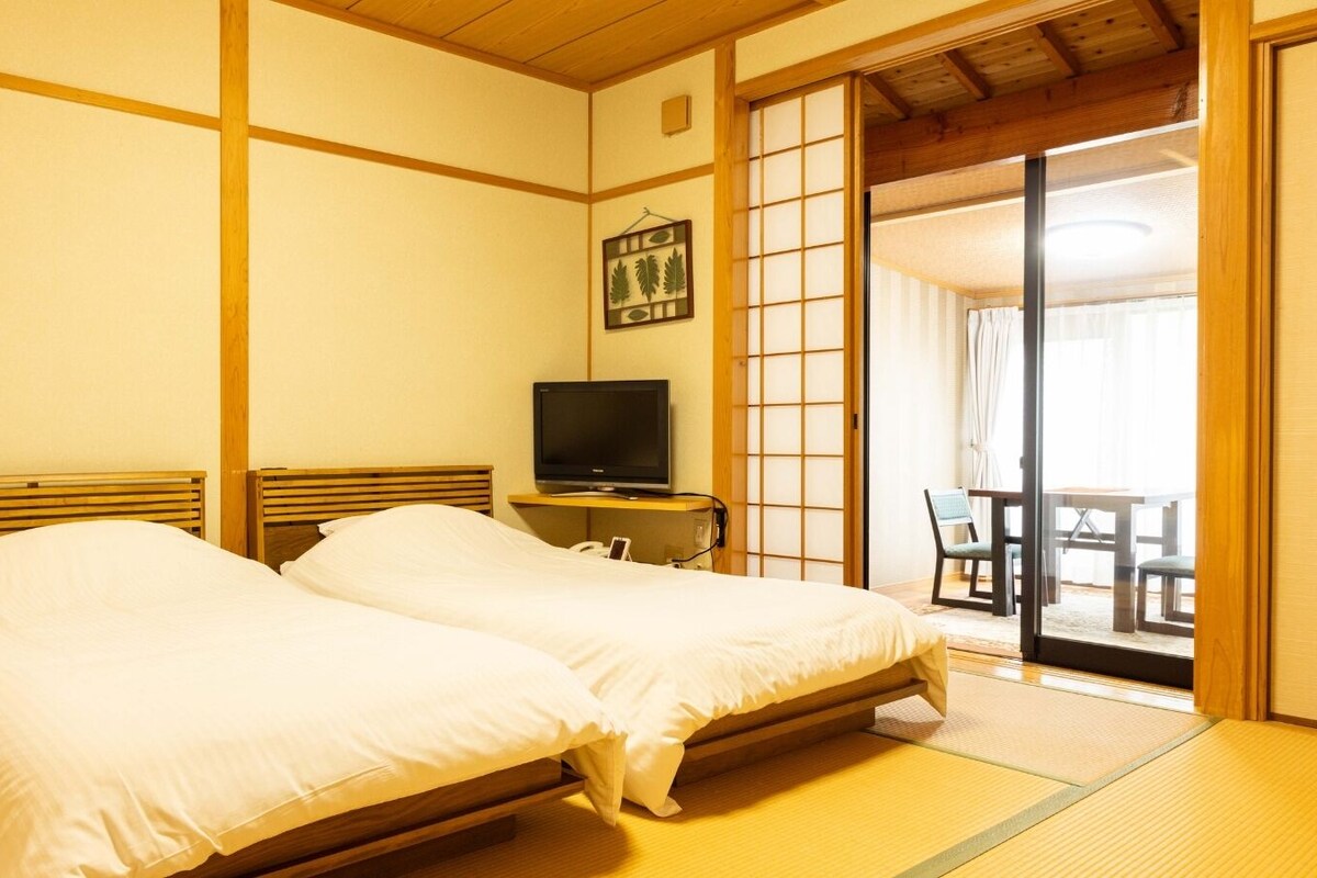 A traditional Japanese-style room with tatami flooring, a sliding door leading to a balcony, and a television on a low table.