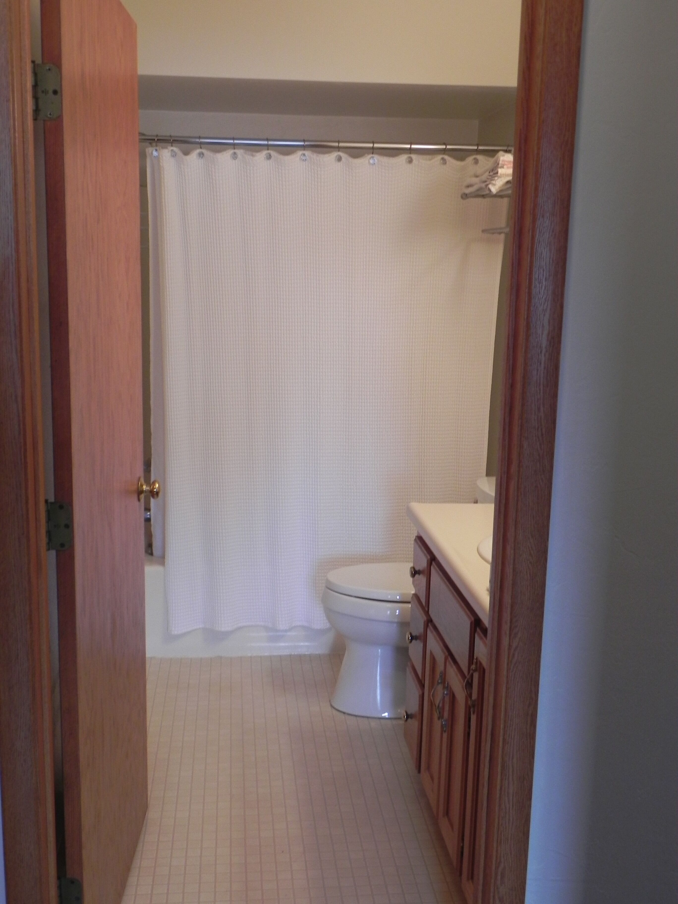 Une salle de bain avec des toilettes, un rideau de douche et des meubles en bois.