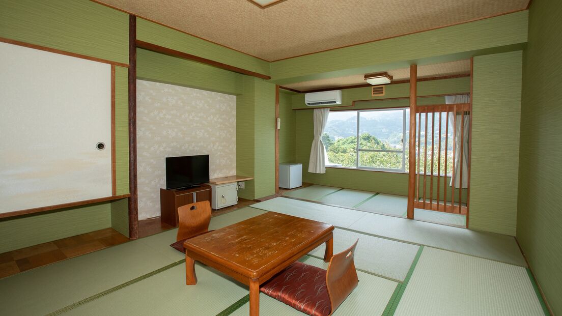 Una habitación tradicional japonesa con suelo de tatami, una mesa baja con cojines, un televisor y una puerta corredera con vistas a la vegetación.