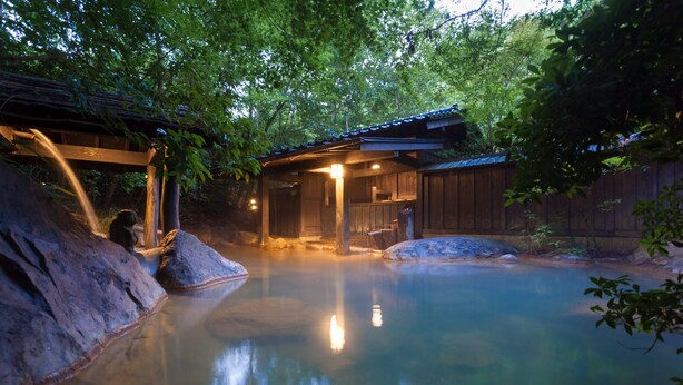 Een traditionele Japanse onsen met een houten badhuis, een warmwaterbron en een houten hek.