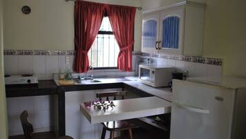 A compact kitchen with a white countertop, a sink, a microwave, and a refrigerator.