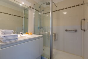 Shower, hair dryer, towels