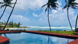 A swimming pool with a view of the ocean and palm trees. - Aloha Manor is Elegant Gated Oceanfront Living! (Kapaʻa)
